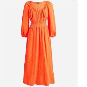 NWT J Crew women’s XS orange gauze midi smocked dress spring summer casual